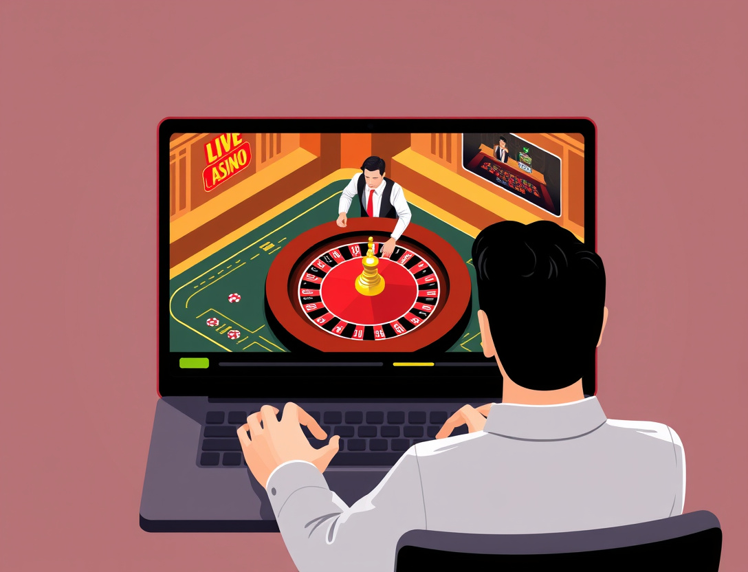 Laptop displaying a live casino video stream showing a dealer at a roulette table.