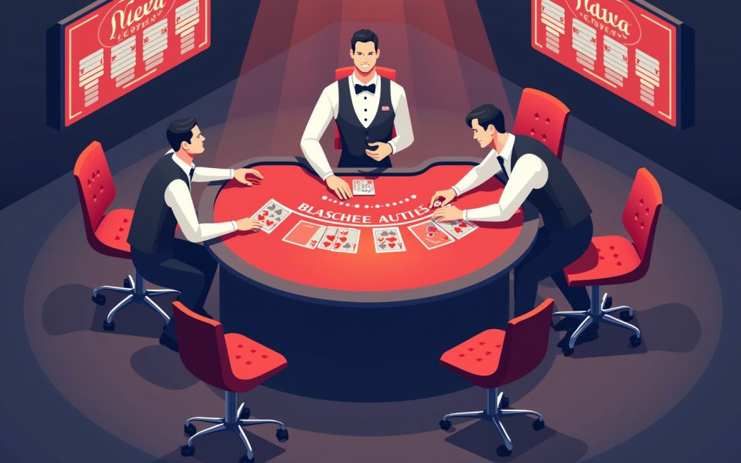 Live dealer in a casino studio dealing blackjack cards with professional lighting and camera equipment.