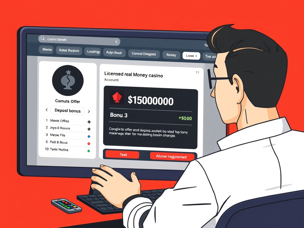 Person reviewing no-deposit bonus terms and wagering requirements on an online casino account
