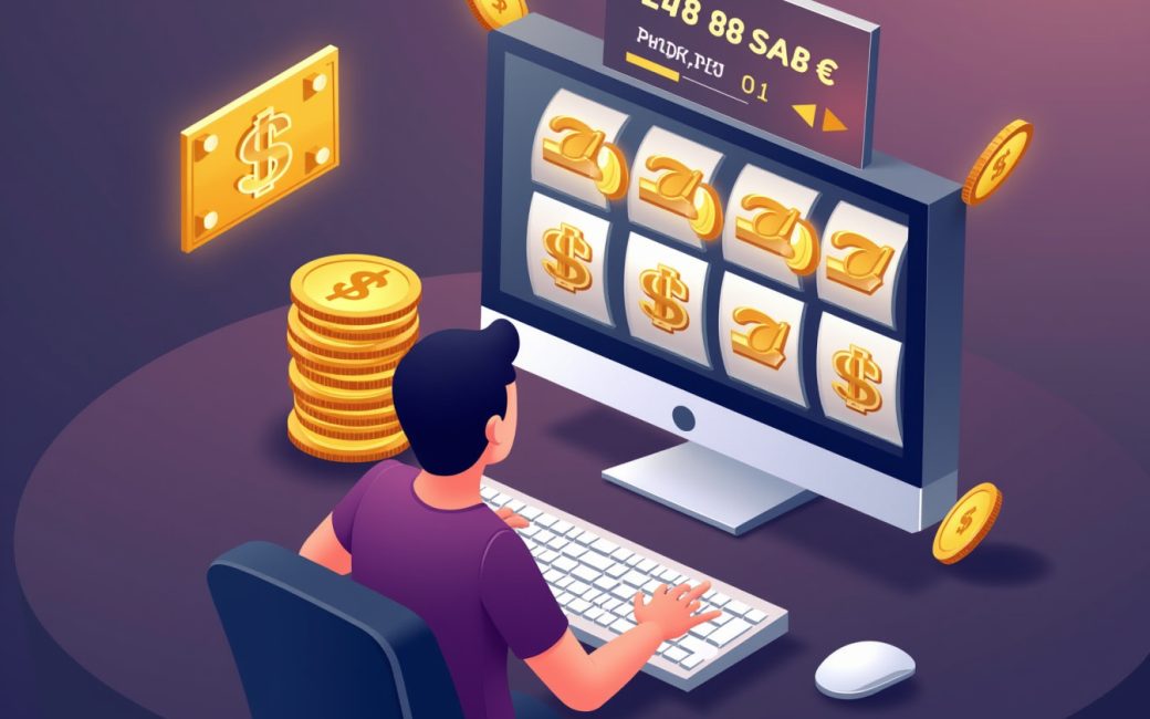 Player sitting at desk viewing an online sweepstakes casino game with dual-currency balance display
